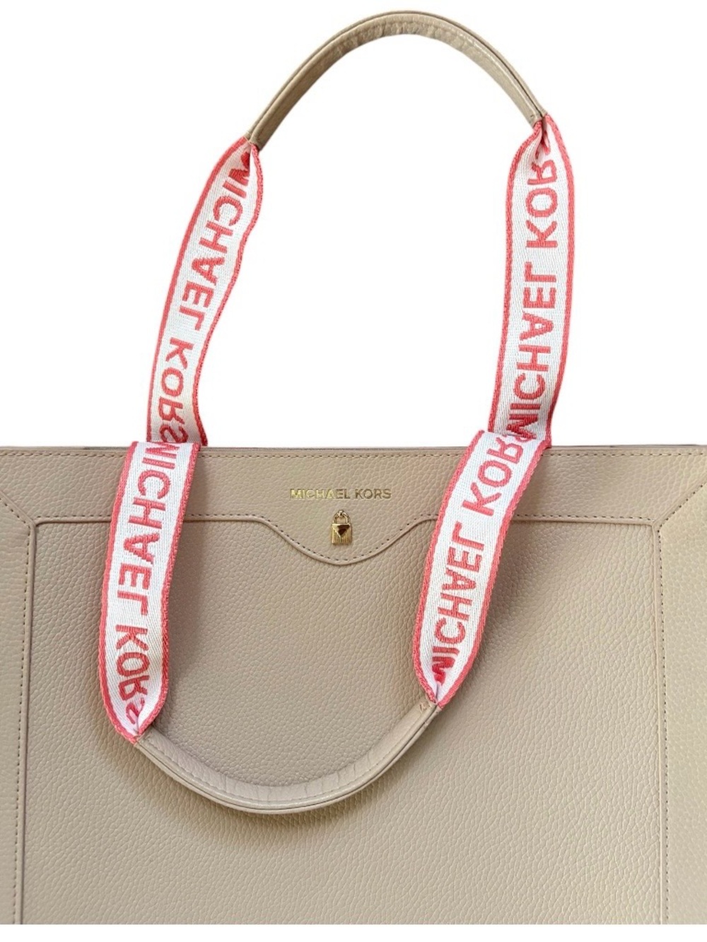 Michael Kors Blush Pink Taupe Open Tote Bag Logo Strap Shopper Travel Work - Picture 6 of 10